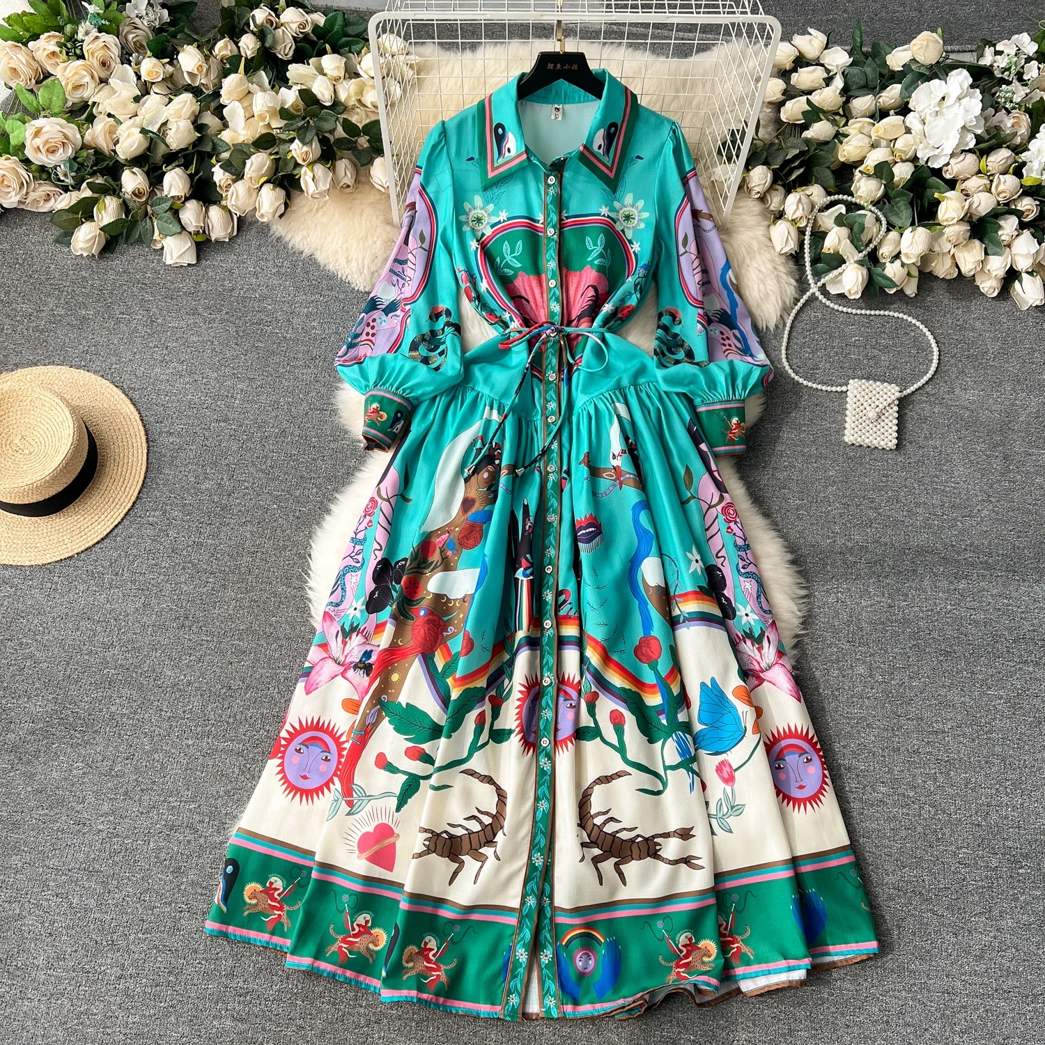 

French Retro Literary Elegant Fashion Printed Dress Women's Long-sleeved Lapel Single-breasted Waist Draped Long Dress