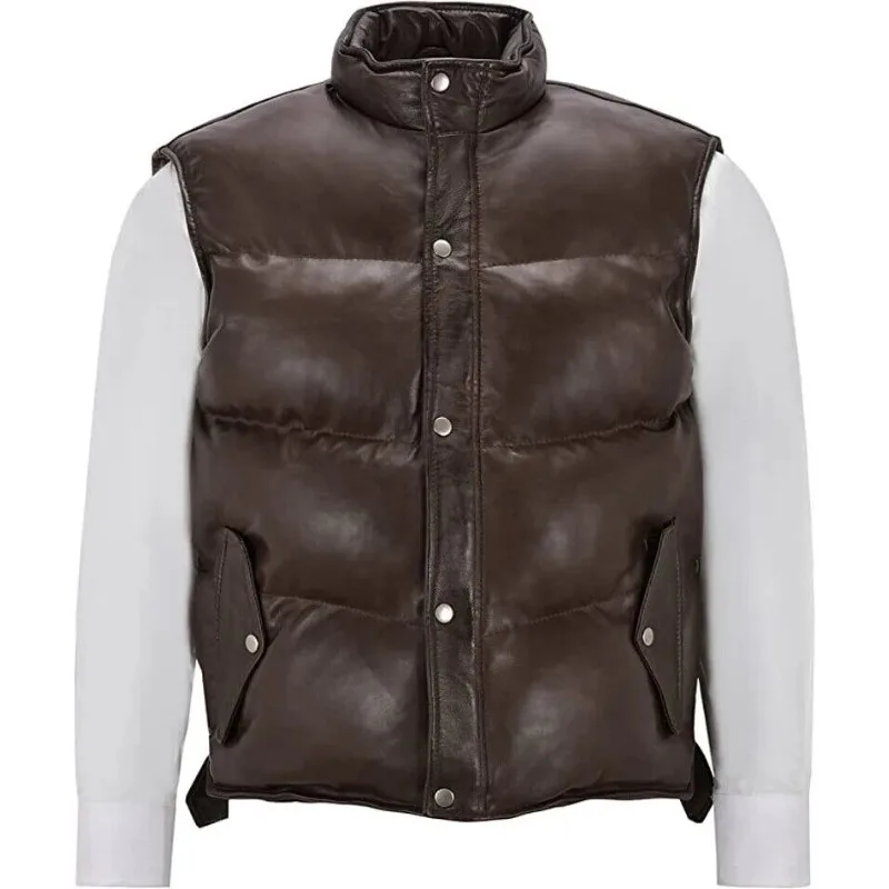Leather Jacket Padded Puffer Vest Men's Genuine Real Lambskin Brown Jacket Coat