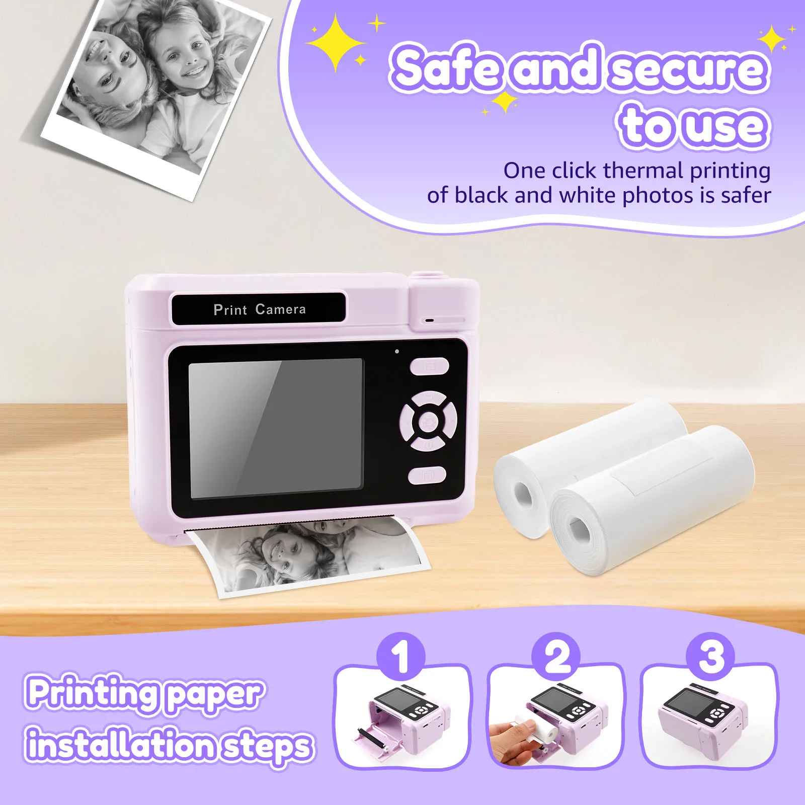 Kids Instant Print Camera with Printing Paper and 32G Card 1080P HD Video Kids Camera Instant Print Birthday Presents for Girls