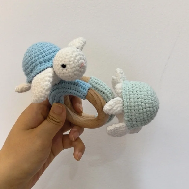 Handmade Crochet Cartoon Sea ​​Turtle Animal Baby Rattle Toys Safe Beech Wood Newborn Handhold Teething Ring Baby Teether 3