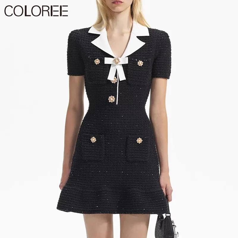 

Luxury Diamonds Beading Black Knitted Dress Women Runway Designer Elegant Bow Short Sleeve Mini Sweater Dresses 2024 Vestido