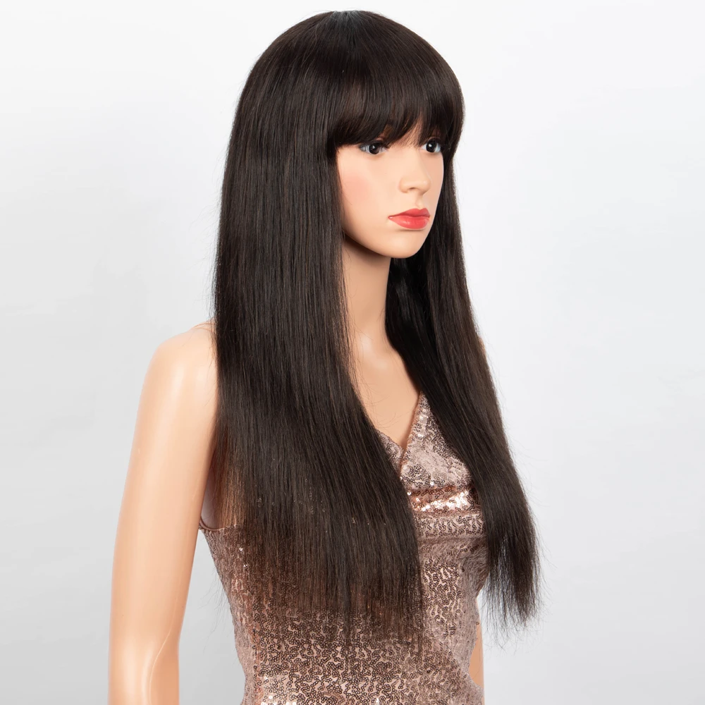 Lekker 블랙 롱 스트레이트 100% 인모 가발 여성용 앞머리 포함 브라질 레미 헤어 풀 머신 메이드 글루리스 데일리 가발