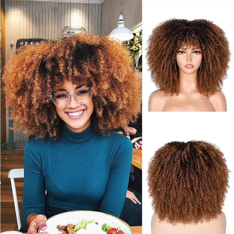 

Short Curly Ombre Blonde Wig for Black Women 14inch Afro Kinky Curly Wig with Bangs Synthetic Natural Cosplay Wig Heat-Resistant