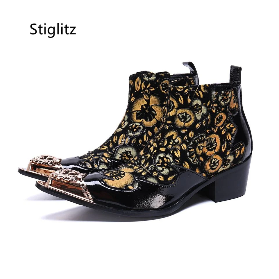 

Print Leather Men's Boots Metal Iron Pointed Toe Ankle Boots for Women High Heels Luxury High Quality Male Catwalk Party Shoes