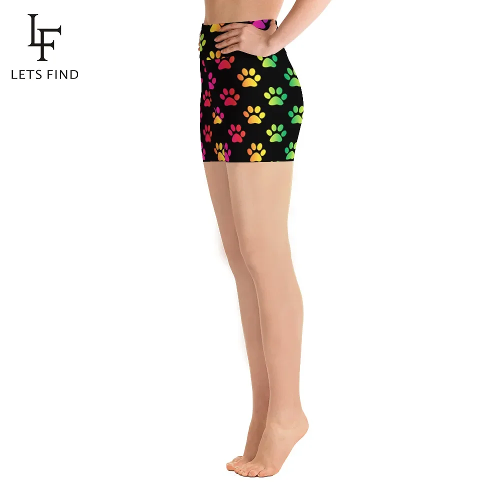 LETSFIND 2020 New Women High Waist Elastic Short Pants Fashion 3D Colorful Dog Paws Digital Print Stretch Leggings