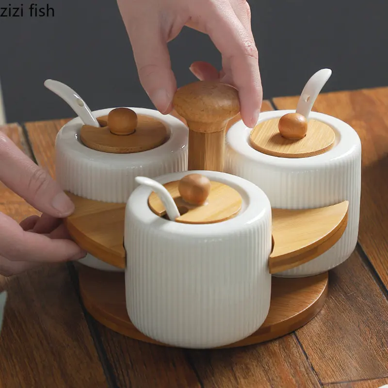 Ceramic Seasoning Jar Spice Jars Wooden Stand Salt And Pepper Shakers 3