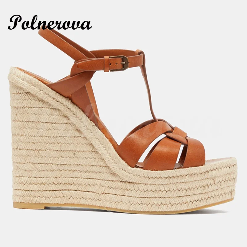 

Cross Weave Platform Wedge Espadarille Women Sandal Round Toe Black genuine Leather Slingback Heels Fretwork Gladiator sShoes