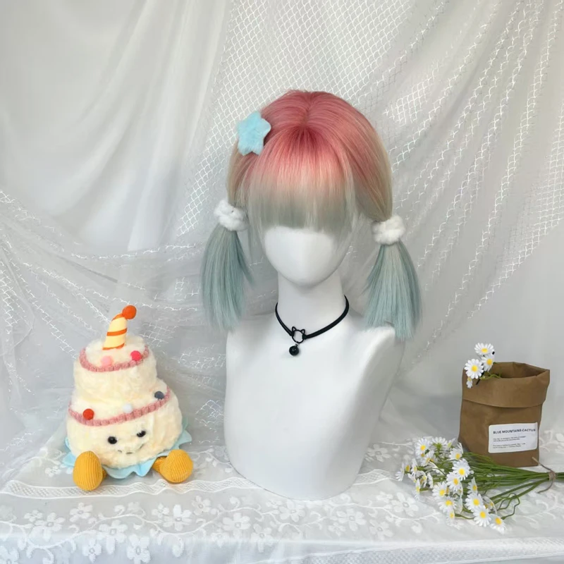 Synthetic Gradient Color Wig Women Wigs 13inch Short Straight Bob Hairstyle with Hair Bangs for Women Halloween Christmas Party