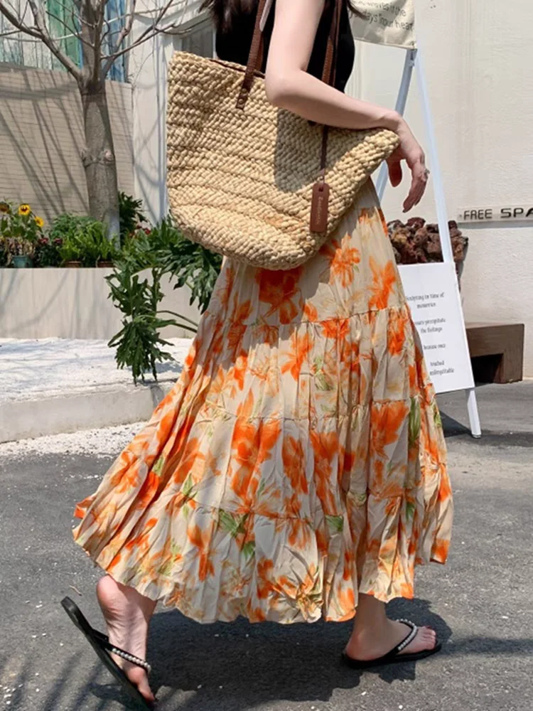 Women's Floral Boho Maxi Skirt - Elastic High Waist Pleated Long Skirt With Pockets - Flowy Ruffle Beach Skirt