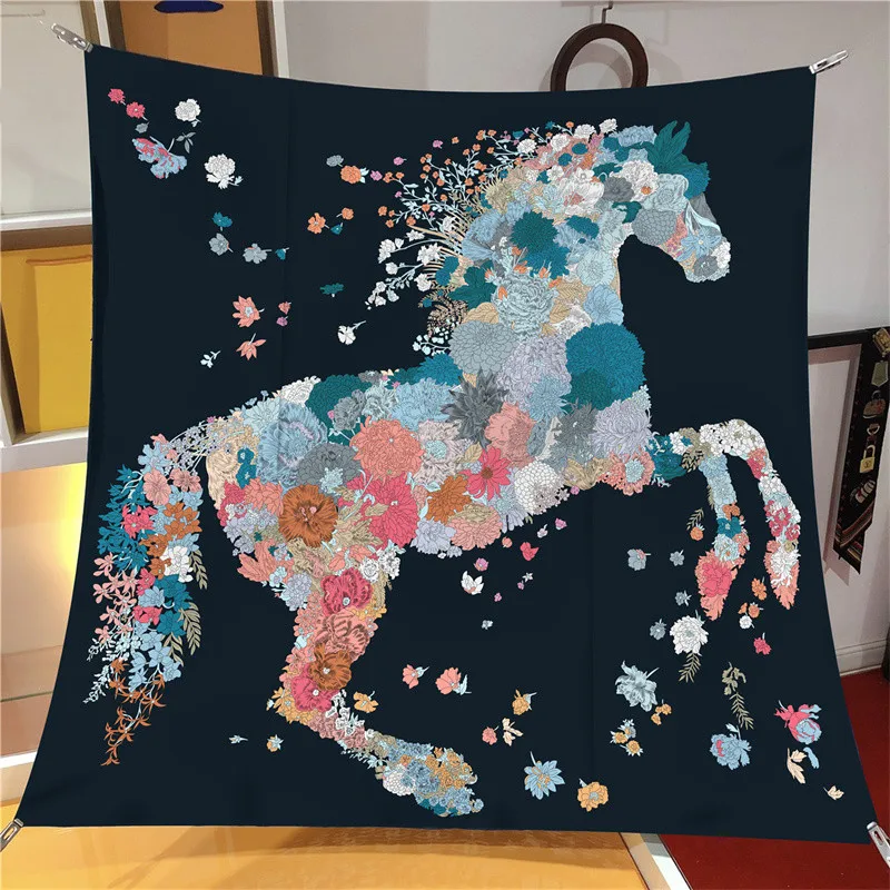 Luxury 90cm Twill Silk Checkered Horse Print Square Scarf Shawl
