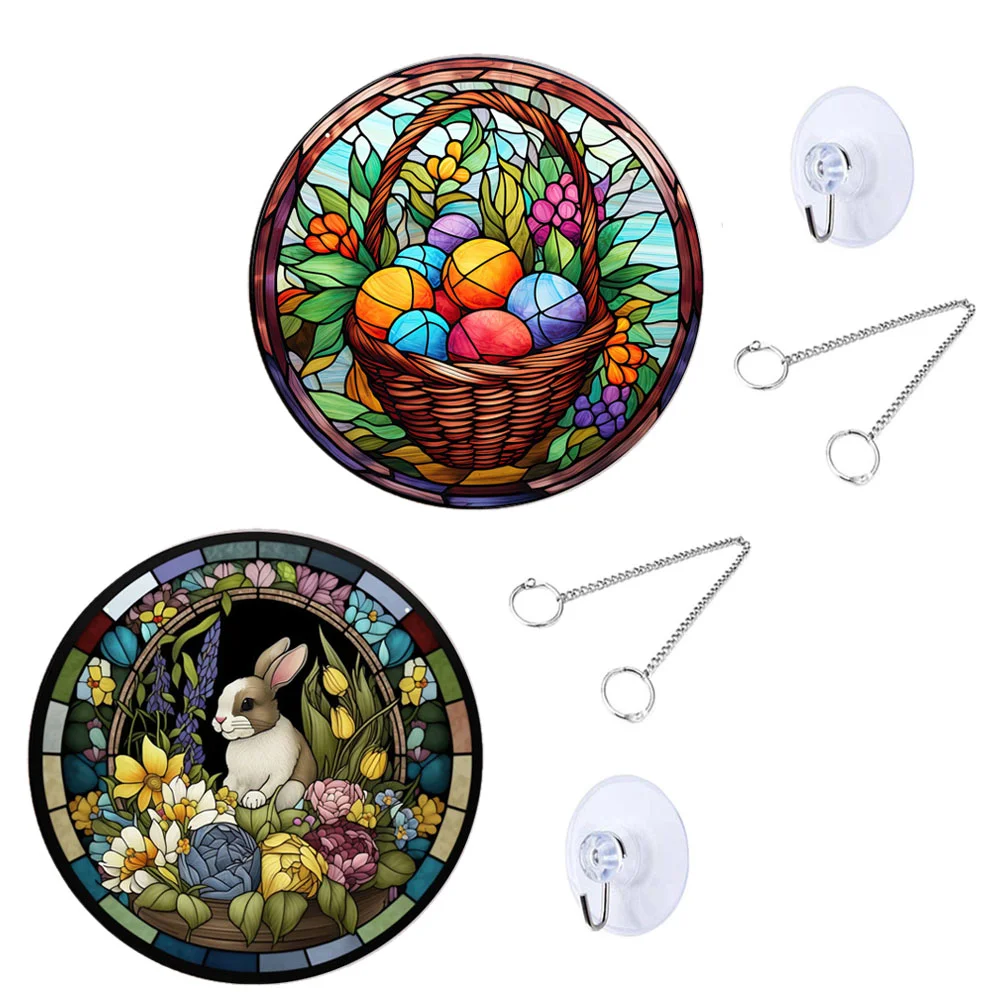 

2 Pcs Double Sided Rabbit Egg Pendant Glass Round Window Panel Acrylic Easter Decorations