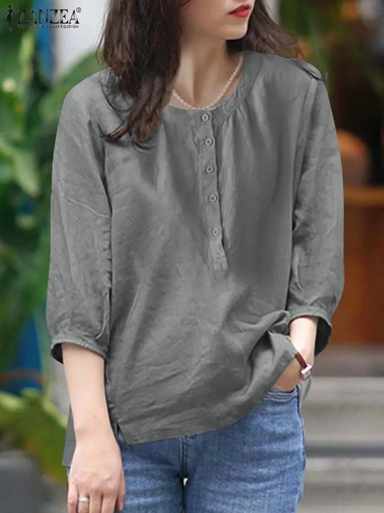 

2024 ZANZEA Летняя Повседневная Свободная блузка с круглым вырезом и рукавом 3/4, женская элегантная Рабочая Рубашка, винтажная однотонная хлопковая туника, топы, винтажные Блузы