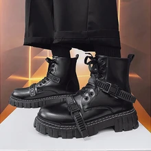 

Mens Ankle Boots Mid Heel Lace Up Worker Army Black Goth Shoes Autumn Sexy Chain Martin Boots British Style Leather Boots