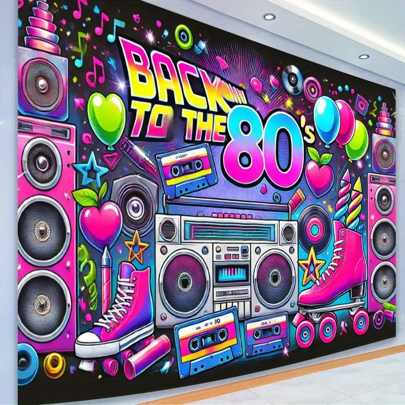 Retro-Partyhintergrund der 80er Jahre – Polyesterhintergrund, Neonlichter, Bänder, Verstärker und Text „Zurück in die 80er Jahre“ – Detail 4