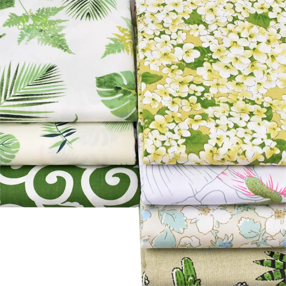 Chainho,Printed Twill Weave Cotton Fabric,DIY Sewing Quilting Material,Patchwork Cloth,7 Green Floral Series,2 Sizes,15C265