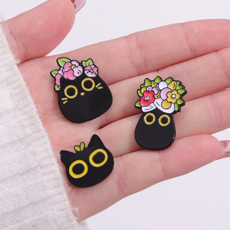 Schwarze Katzen Emaille Pins benutzer definierte große Augen Kätzchen Broschen Revers Abzeichen Blumen tier Cartoon lustige Schmuck Geschenk für Freunde – Detail 5