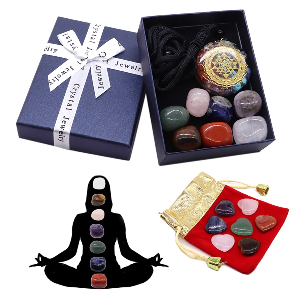 14PC/Set 7 Chakra Point Natural Stone And Crystal Gemstone Crafts Gift Box Reiki Healing Energy Gem Mineral Home Decor Wholesale