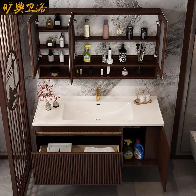 solid wood rock slab pool washbasin smart bathroom cabinet New Chinese bathroom cabinet combination