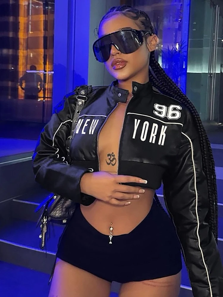 Nibber Hottie Letter Print PU Leather Coats Woman Zip Cardigan Full Sleeve Navel Exposed Autumn Trend High Street Style Jacket