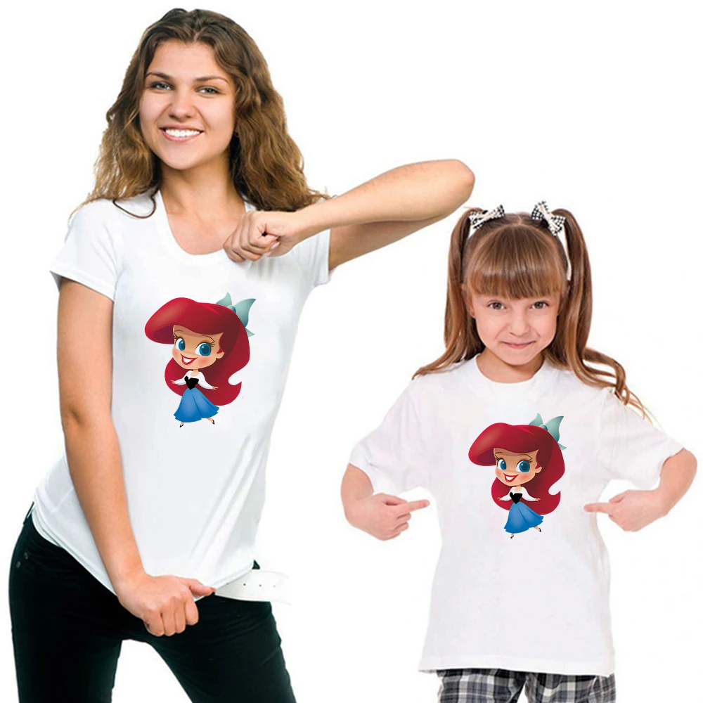 Mom And Daughter Matching Outfits Frozen Princess Elsa Print Mother Kids Clothes Summer White Comfy Short Sleeve Mom Daughter Matching T Shirt Fashion Family Look couple outfits Family Matching Outfits