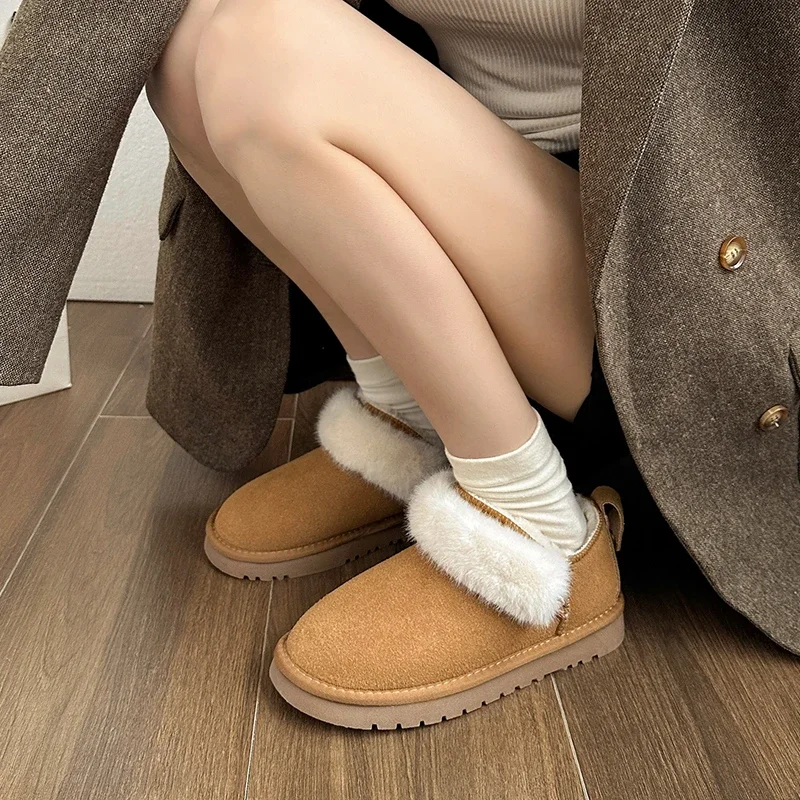 Winter Fashion Women's Short Boots Warm Sheepskin Boots Women's Casual Outdoor Snow Boots Women's Genuine Leather Chelsea Boots