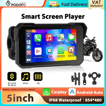 Monitor para Motocicleta Podofo de 5'' con Carplay y Android Auto, Pantalla Inteligente Impermeable IP68, Compatible con Detección de Presión de Neumáticos, GPS, Monitor BT 1
