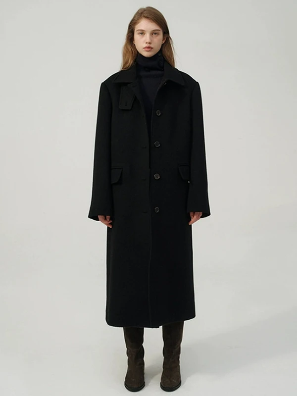 Women's Long Woolen Coat Thebarnnet Retro Lapel Single Button Slimming Bla Wool Coat Korean Sle Commute Faion