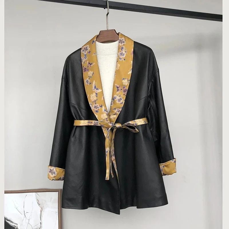 

High Quality Women's Long Sheepskin Suit Trench Jacket New 2024 Spring And Autumn Contrast Black Leather Coat