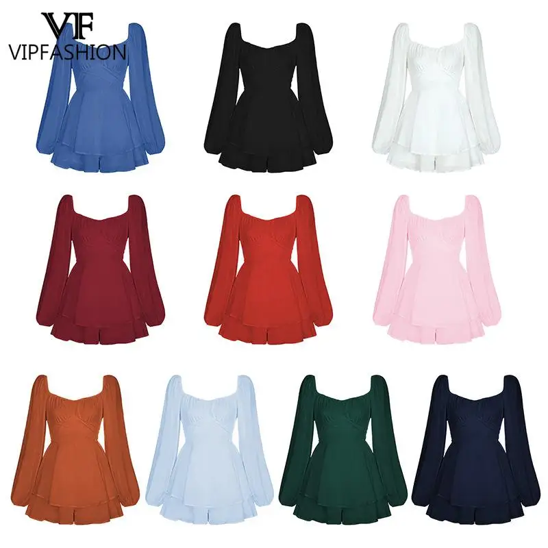 VIP FASHION Square Collar Lantern Long Sleeve Ruffled Shorts Jumpsuit Casual Solid Bodycon Dress Playsuit Summer Woman Romper
