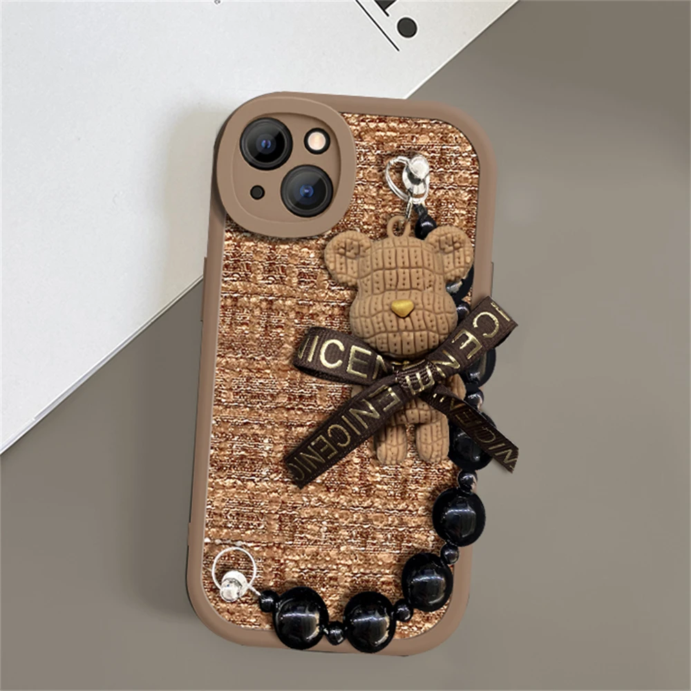 Korean Cute Cartoon 3D Bear Wrist Chain Woolen Lattice Soft Case For iPhone 15 14 13 12 Pro Max 11 X XS XR Lens Protective Cover