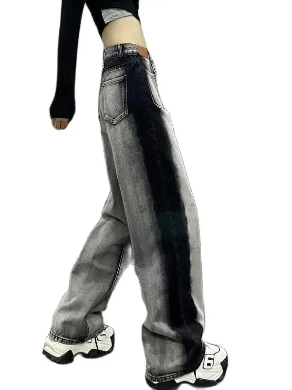 American Retro High Waist Straight Jeans Hip-Hop Gray-Black Color Matching Pants 2024 Casual High Waist And Slim Wide-Leg Pants