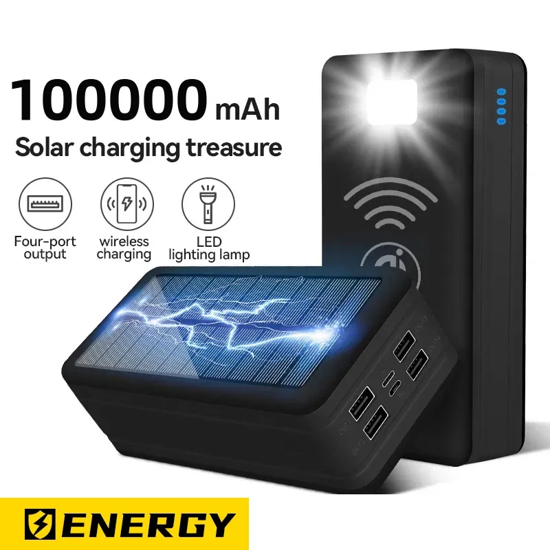 Solar Power Bank 100000mAh Solar Charging Mobile Phone Wireless Charging Large Capacity Battery External Battery Fast Charging