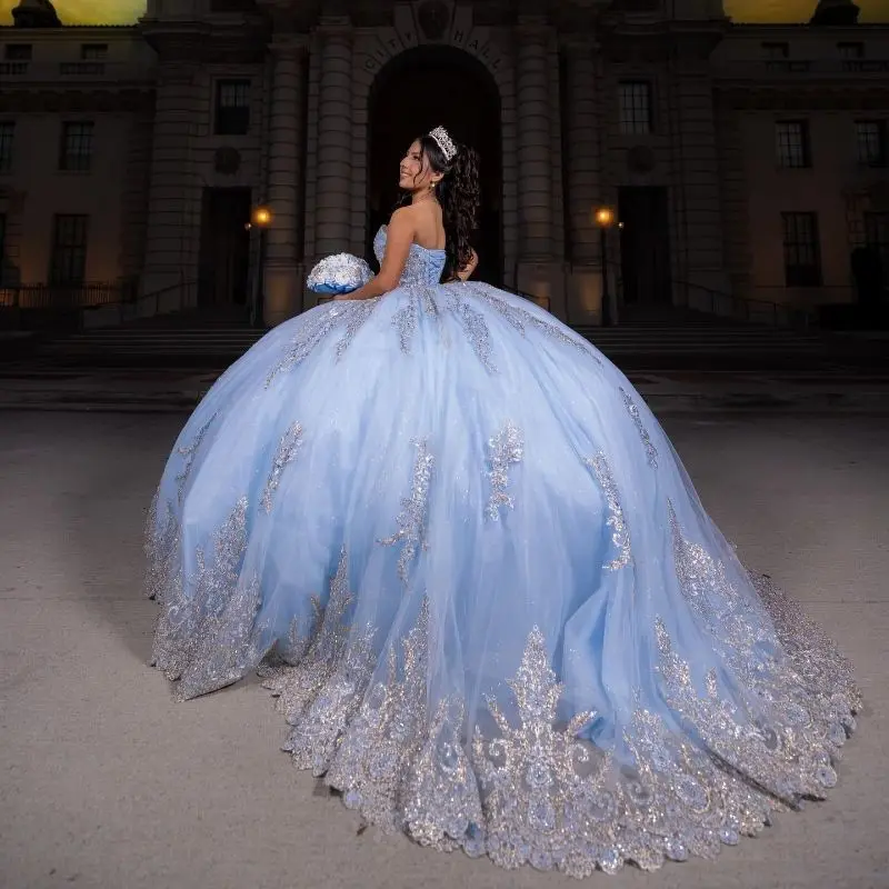 Lorencia Shiny Blue Quinceanera Dress Ball Gown Silver Lace Applique Beading Corset Sweet 16 Gown Vestidos De 15 A&ntilde;os YQD766