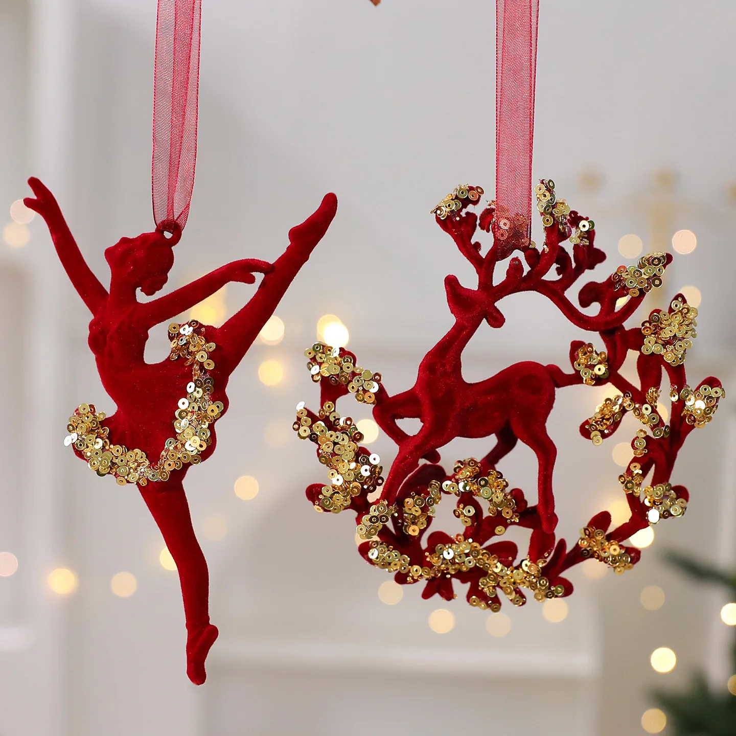 Wine Red Plush Christmas Tree Pendant Gold Sequin Glitter Bow Snowflake Elk Hanging Ornaments Flocking Christmas Pendant