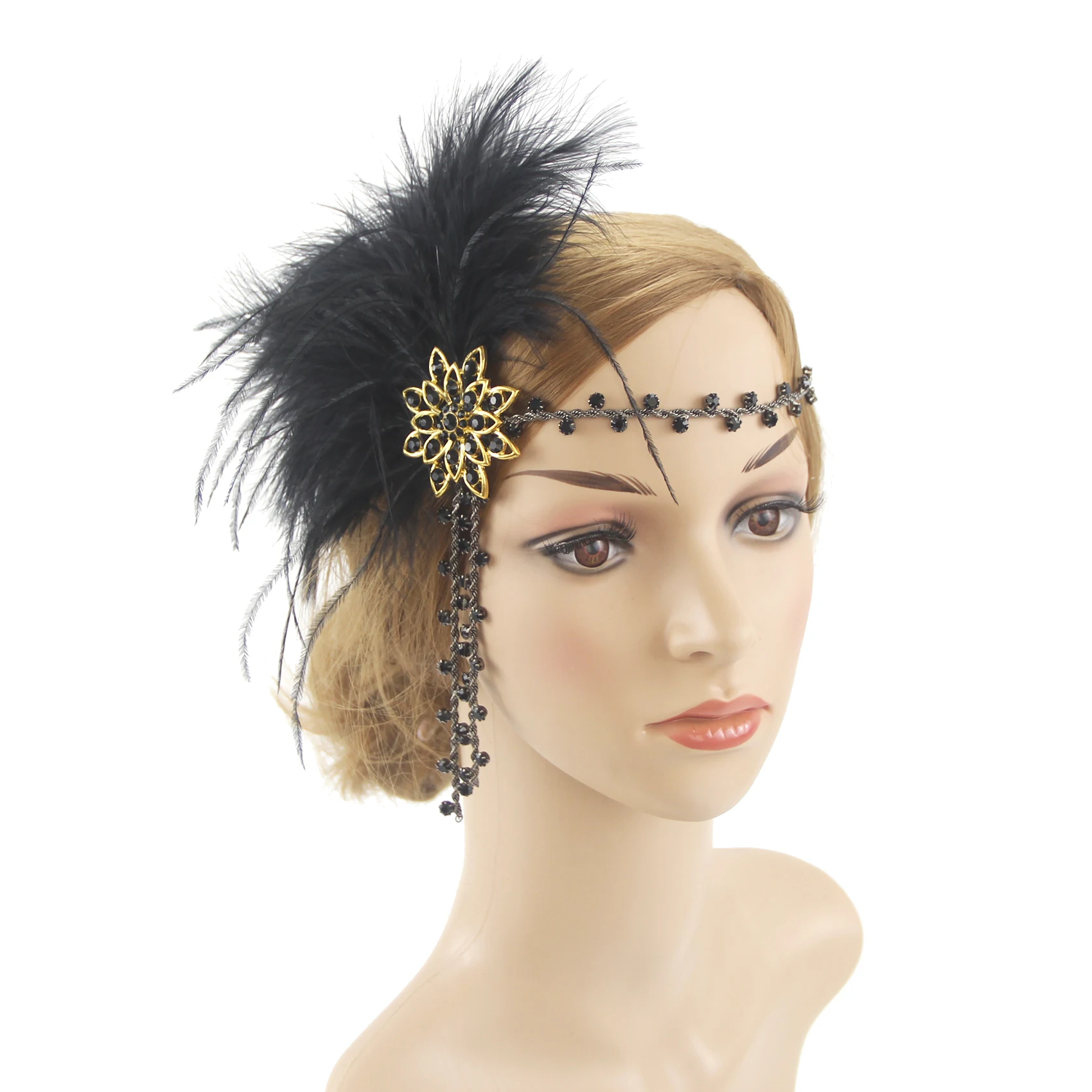 Peacock Feather Elastic Hair Band, 1920s Flapper Gatsby Feather Headband, 20s Beaded Showgirl Headpiece peorchid gorgeous peacock bridal hand fan ostrich feather golden crystal brooch bouquet great gatsby 1902s wedding bouquet fan