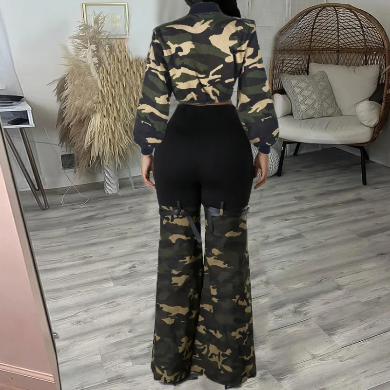Women's Casual Camouflage Long Sleeved Crop Top & High Waist Jeans Set Street Female Clothes Fashion Pants Sets 2 Piece Outfits