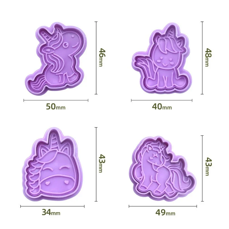 4Pcs/set Unicorn Shape Cookie Cutters Plastic 3D Cartoon Pressable Biscuit Mold Cookie Stamp Baking Tool