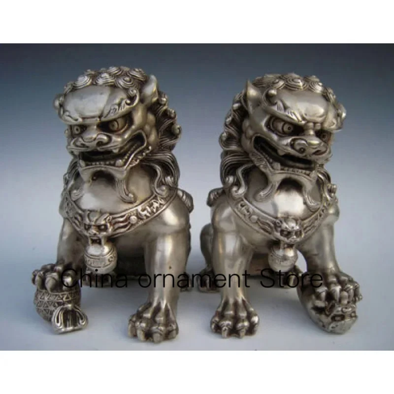 Antico Tibetano Argento Guardia Leone Fu Fu Cane Guardia Vecchia Coppia Statua