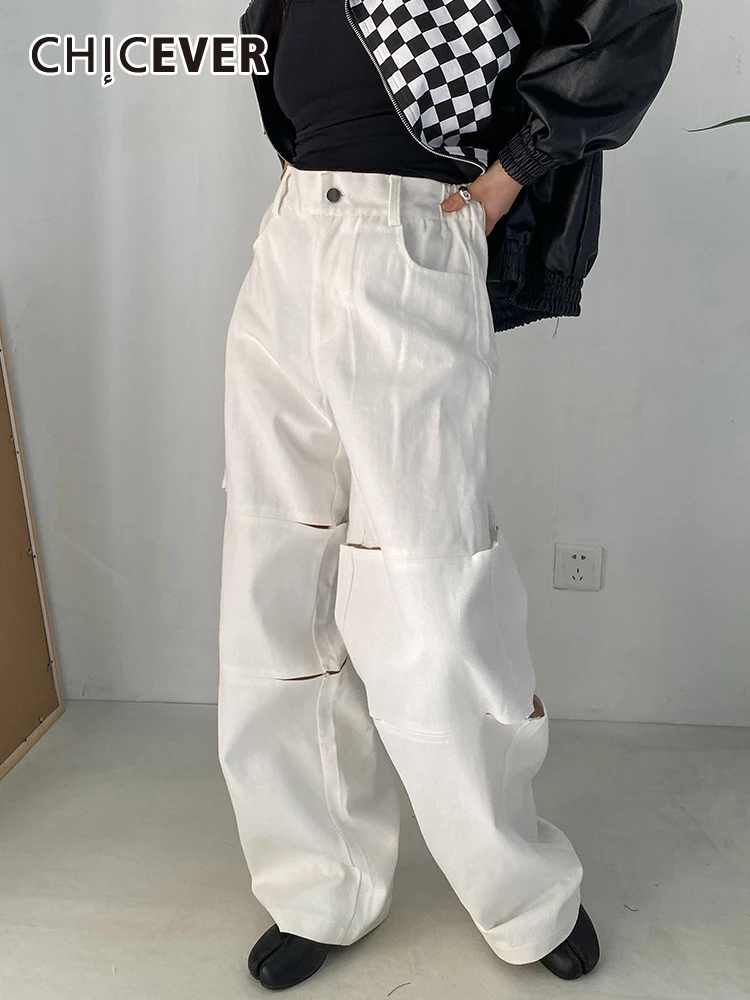 

CHICEVER Hole Hollow Out Patchwork Trousers For Women High Waist Spliced Pockets Solid Folds Streetwear Wide Leg Pant Female New