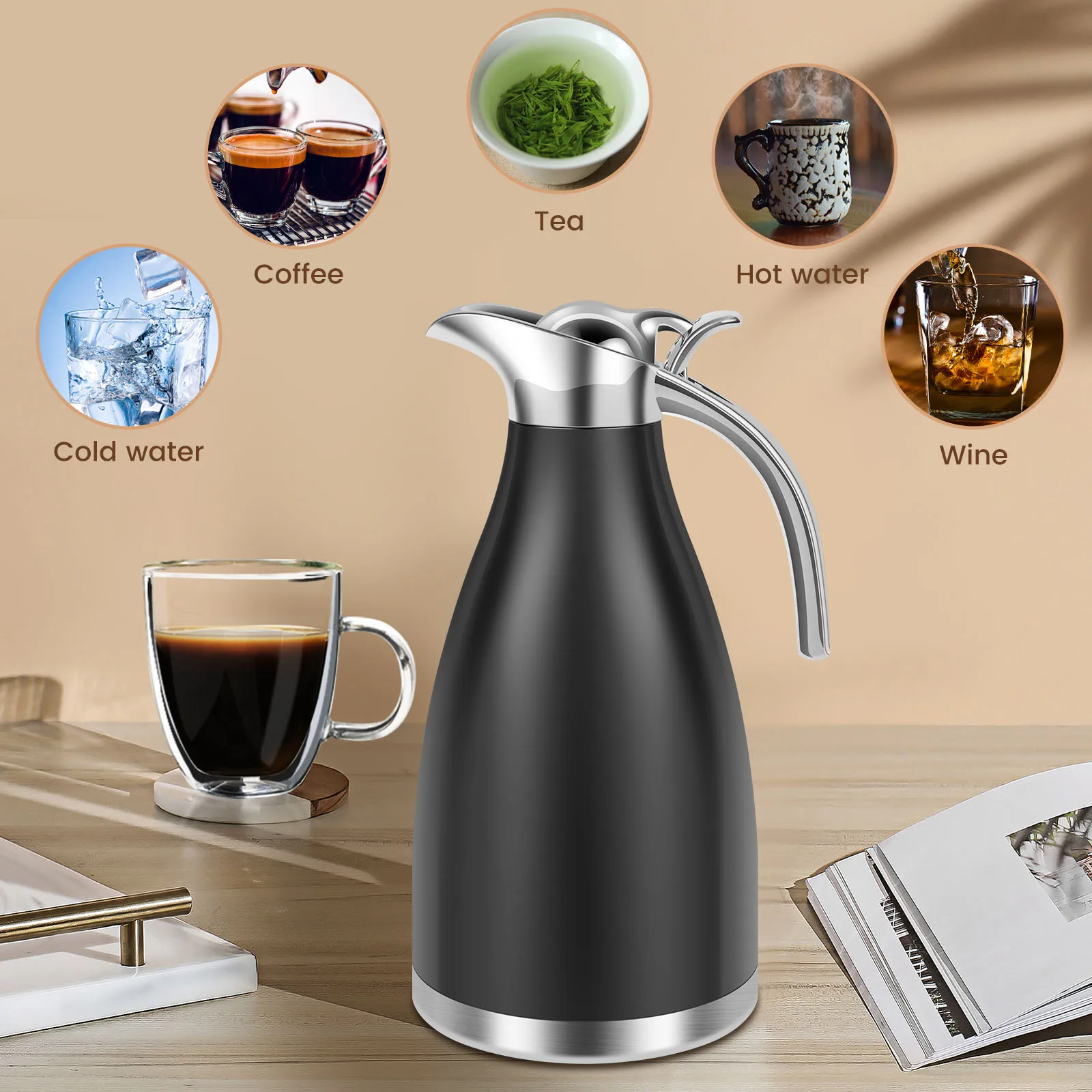 2L Thermal Pot Flask for Coffee, Hot Water, Tea, Hot Beverage Stainless Steel Dispenser with Pump Large Coffee Thermos Dispenser