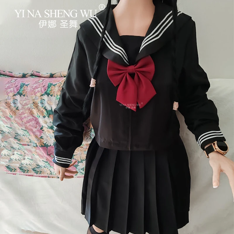Japanese Korean School Uniform Girls Plus Size Jk Suit Red Tie Black Three Basic Sailor Uniform Women Long Sleeve Student Suit