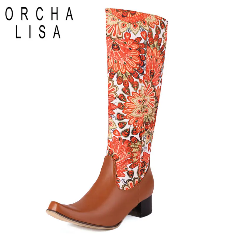 

ORCHA LISA Fashion Women Long Boots Square Toe Block Heels 4.5cm Zipper Embroidered Mixed Plus Size 47 48 49 50 Leisure Booty