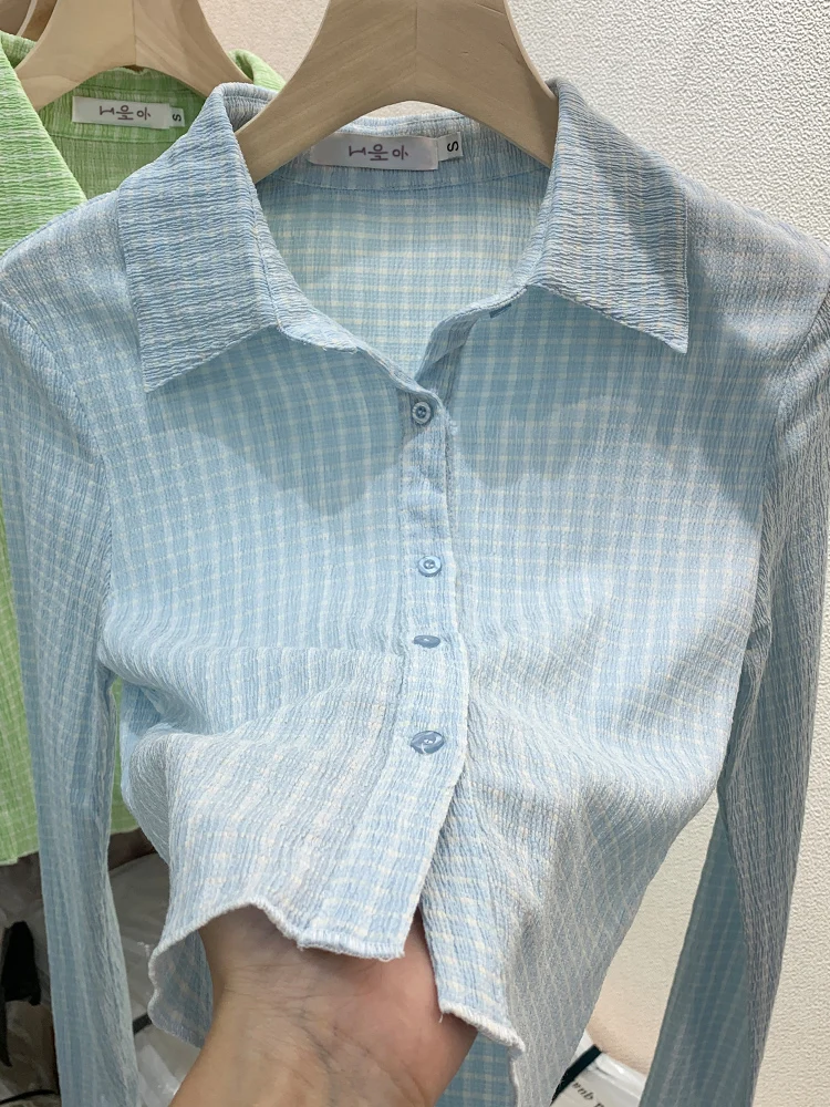 

2023 Spring Women's Plaid Turn-down Collar Long Sleeve Shirts Casual Single Breasted Simply Style Slim Blouse Female Tops