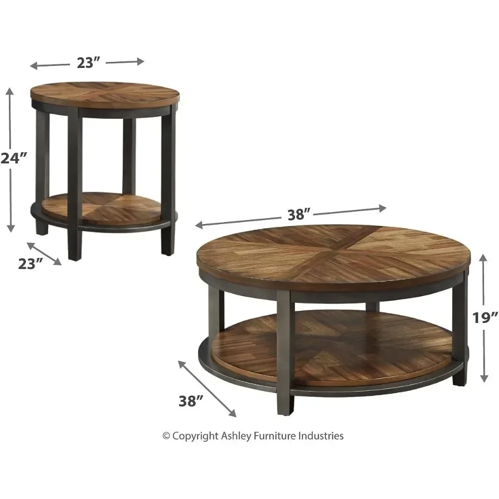 Includes 1 Coffee Table and 2 End Tables With Fixed Shelf Rustic Round 3-Piece Table Set Furniture Brown Mesas