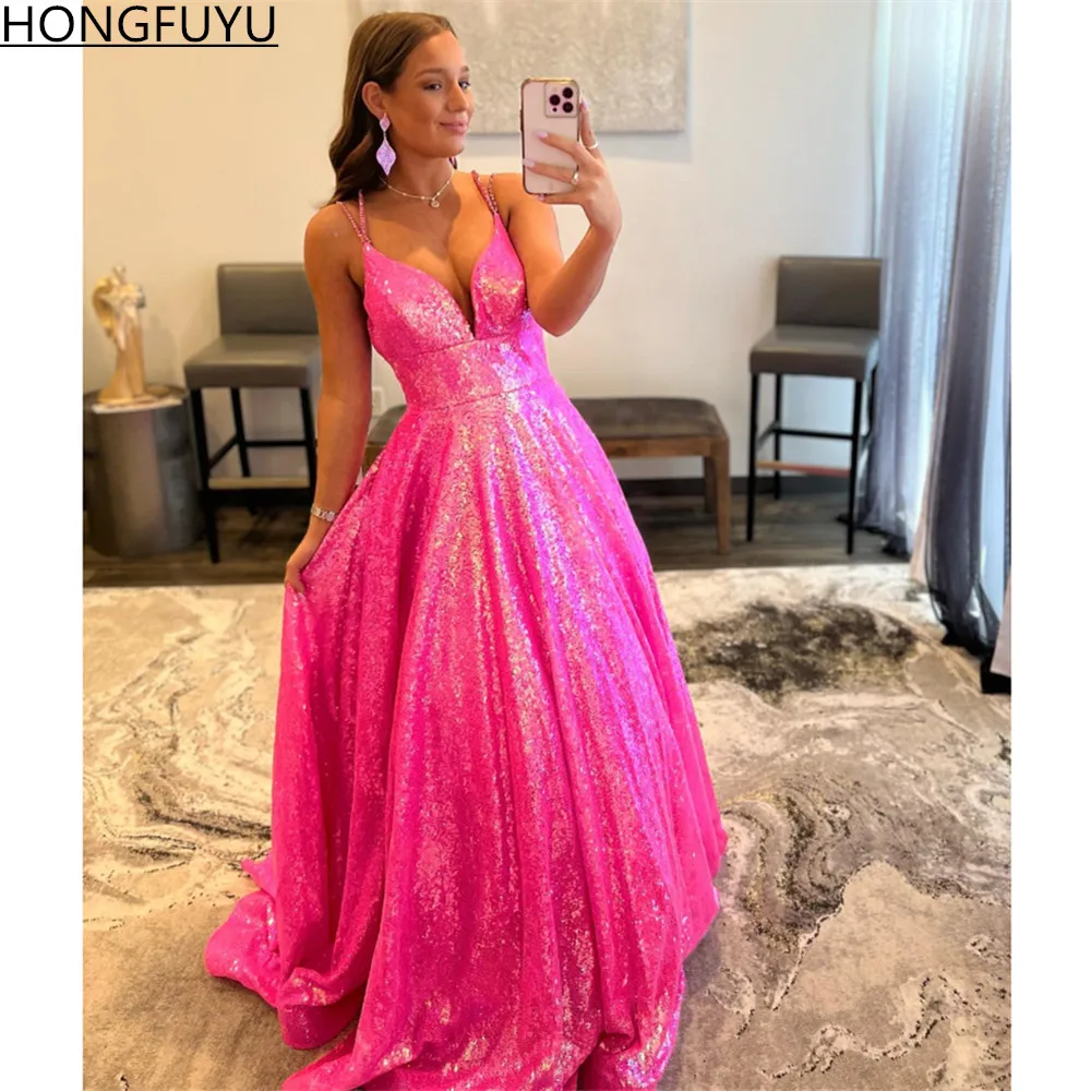 HONGFUYU Neon Pink A-line Sequin Prom 