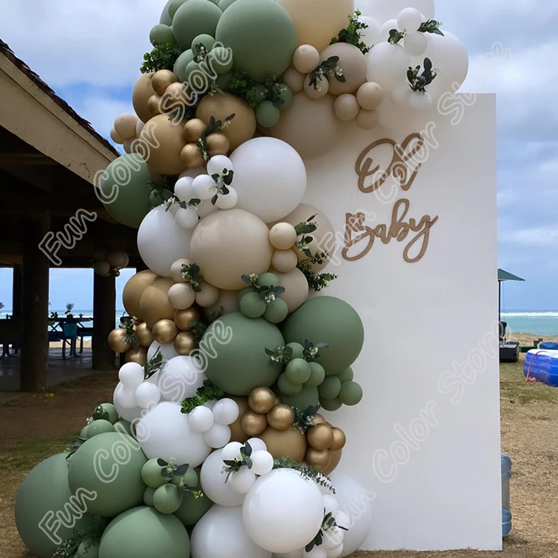 

196pcs Avocado Green Wedding Birthday Party Background Latex Event Celebration Balloons Arch Garland Sandy White Decoration Kits