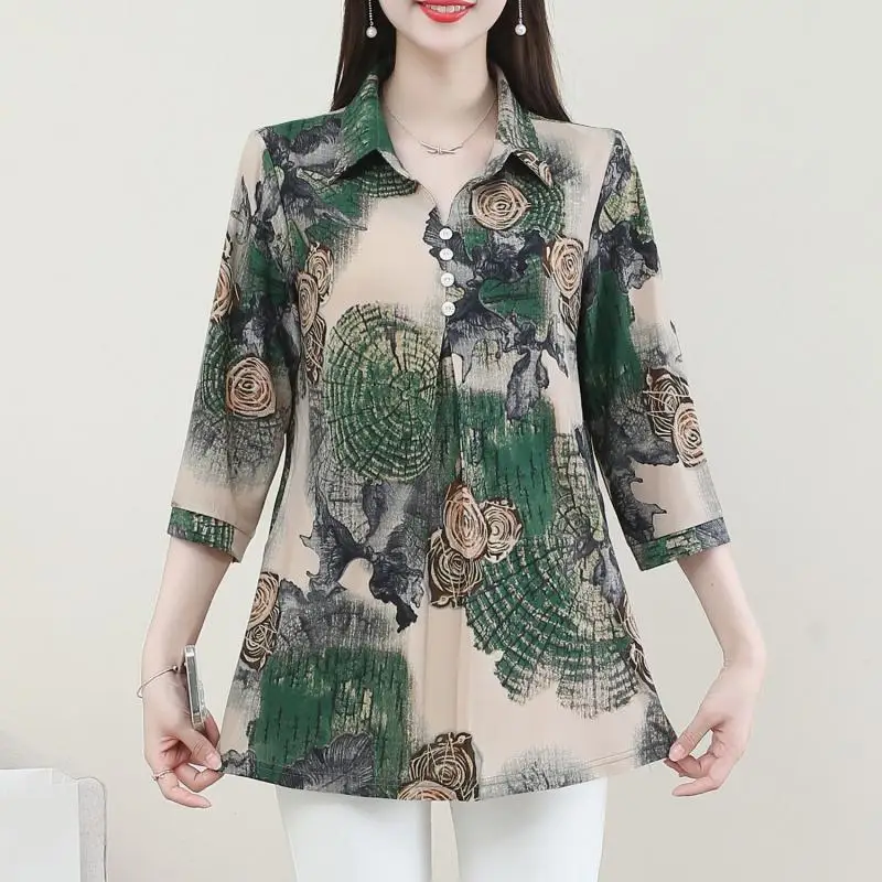 

Summer Women's Pullover Lapel Button Printed Flower Shirt V-neck Three Quarter T-shirt Underlay Fashion Elegant Tops