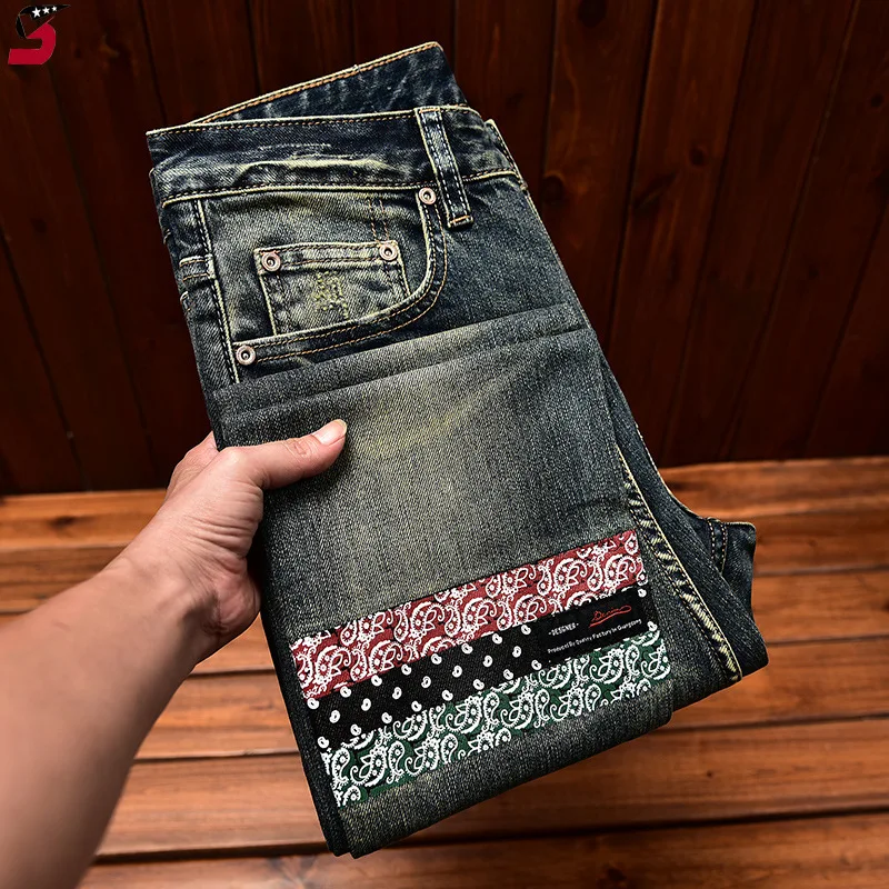 Fashionable High-End Jeans Men's Retro Nostalgic Stitching Trendy Printed Slim Straight 2024 Autumn New Denim Long Pants 2
