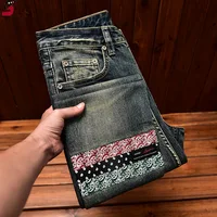 Fashionable High-End Jeans Men's Retro Nostalgic Stitching Trendy Printed Slim Straight 2024 Autumn New Denim Long Pants 2