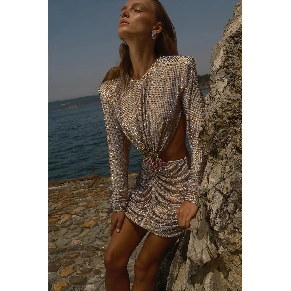 

Women Elegant Luxury Flower Backless Long Sleeve Beading Mini Dress Vestidos Para Mujer Formal Occasion Dresses Evening Party